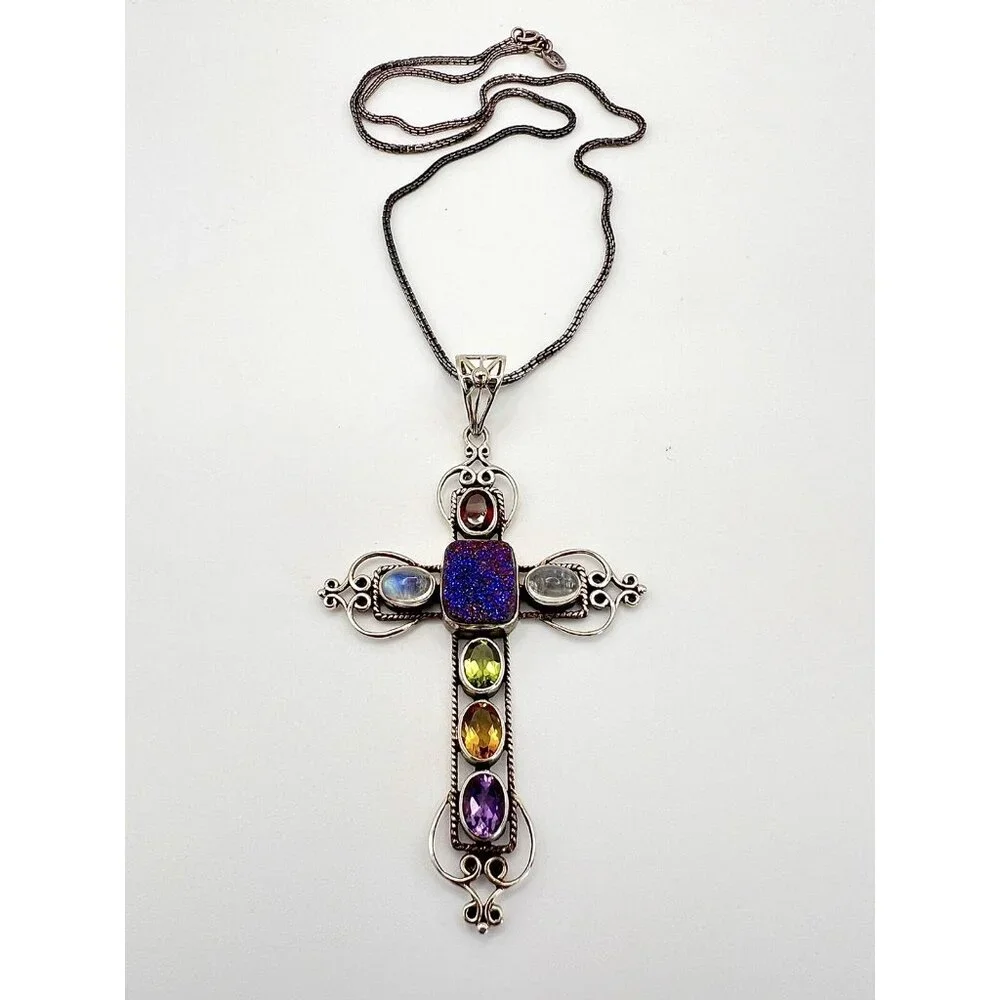 NICKY BUTLER 925 Silver Druzy Gemstone Cross Pendant Necklace - Picture 4 of 15